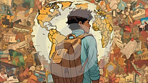 An illustrated depiction of a curious teenager, wearing a backpack, embarking on an exciting adventure to explore various