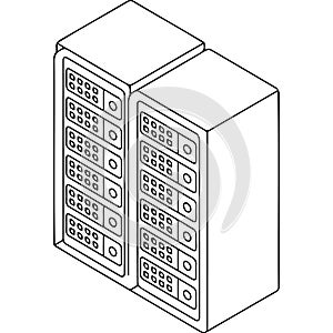 Illustrated depiction of a dual rackmounted server or network device with organized front panel ports