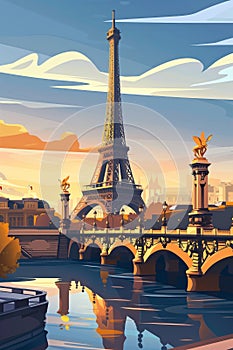 An illustrated depiction of the Eiffel Tower at sunset with the Seine River.