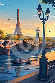 An illustrated depiction of the Eiffel Tower at sunset with the Seine River.