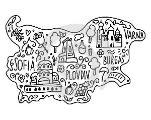 Illustrated doodle map of Bulgaria. Famous landmarks temple, cathedral, rose, rakia and monument Shipka. Hand drawn