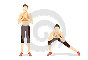 Illustrated exercise guide by healthy woman doing Side Lunges Workout in 2 steps.