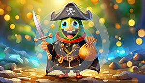 illustrated fairy tale pirate with saber and bag of gold