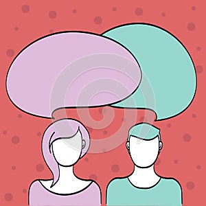 Illustrated Figures and Blank faces of Man Alonside Woman with Round Colorful Two Speech Bubbles Overlapping. Hair and