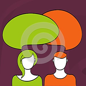 Illustrated Figures and Blank faces of Man Alonside Woman with Round Colorful Two Speech Bubbles Overlapping. Hair and