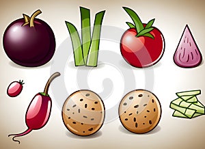 Illustrated food icon set, french fries, ice cream, dish, eggplant, wine and green onion