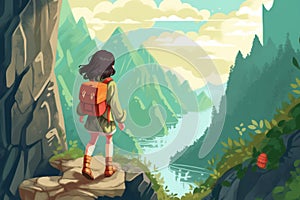 Illustrated Girl Hiking in Flat 2D Style