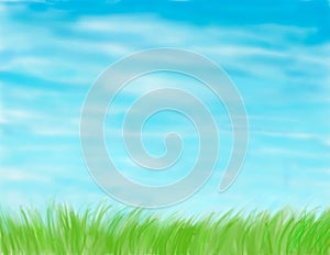 Illustrated green grass and blue skies