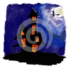 Illustrated halloween scary house in night with witch