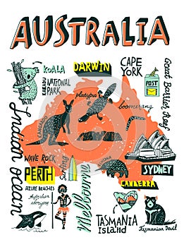 Illustrated hand-drawn typographic poster about Australia. photo