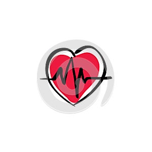 Illustrated heart with ekg, vector cardiology icon.