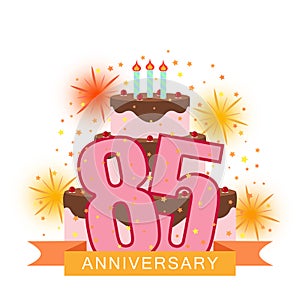 Illustrated image with a cake numbering eighty-five, fireworks a