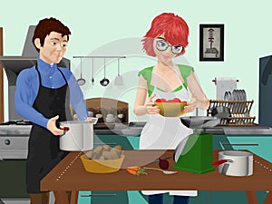 Man and Woman in a Kitchen Preparing a Meal
