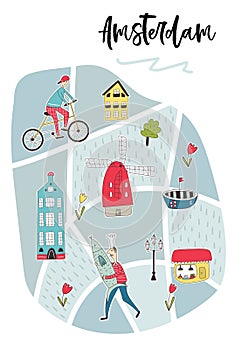Illustrated Map of Amsterdam with cute and fun hand drawn characters, plants and elements. Color vector illustration
