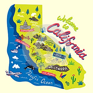 Illustrated map of  California, USA.