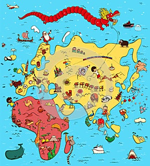 Illustrated Map of Europe, Asia and Africa