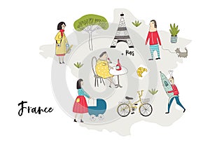 Illustrated Map of France with cute and fun hand drawn characters, plants and elements. Color vector illustration