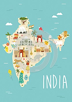 Illustrated map of India with famous landmarks, symbols and animals