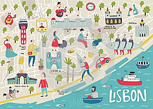 Illustrated Map of Lisbon with cute and fun hand drawn characters, local plants and elements. Color vector illustration