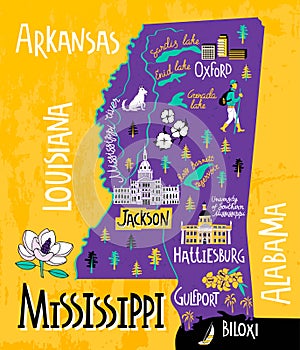 Illustrated map of  Mississippi state, USA.