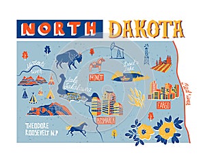 Illustrated map of  North Dakota, USA. photo