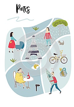 Illustrated Map of Paris with cute and fun hand drawn characters, plants and elements. Color vector illustration