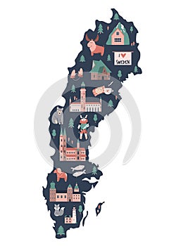 Illustrated map of Sweden with symbols, icons, famous destinations, attractions