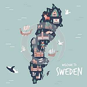 Illustrated map of Sweden with symbols, icons, famous destinations, attractions