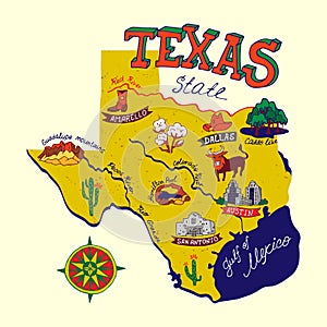 Illustrated map of  Texas state, USA.
