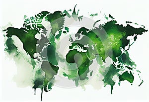 Illustrated map of the world with a isolated background. green heaven watercolor. Generate Ai.