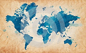Illustrated map of the world with a textured background and watercolor spots. Grunge background. vector