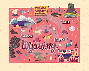 Illustrated map of  Wyoming, USA.