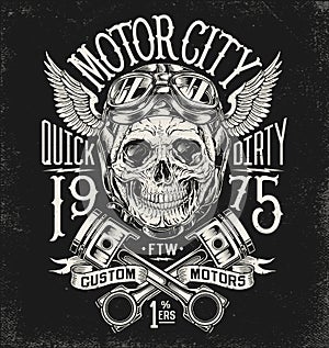 Illustrated motorcycle skull with helmet and goggles. Vintage typography layout.