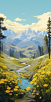 Illustrated Mountain Range With Flowers And Background Mountain Ranges