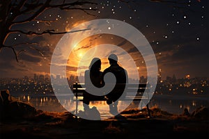 Illustrated night, Moonlit bench, rear-view hug, falling star a couples cosmic connection