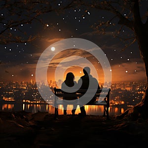 Illustrated night, Moonlit bench, rear-view hug, falling star a couples cosmic connection