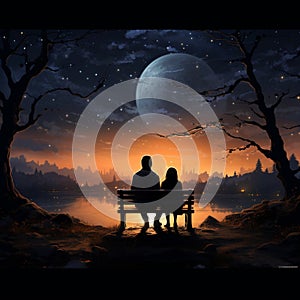 Illustrated night, Moonlit bench, rear-view hug, falling star a couples cosmic connection