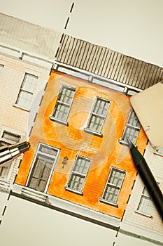 Illustrated orange shared twin elevation facade fragment with brick wall texture tiling shot with mechanical and ordinary pencils