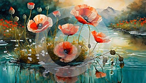 illustrated painted background of red poppies