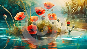 illustrated painted background of red poppies