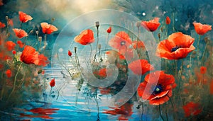 illustrated painted background of red poppies