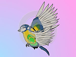 Illustrated parrot in cartoon style captured during flight on ba