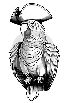 illustrated parrot in pirate hat, engraving black and white illustration on white background