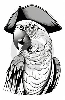illustrated parrot in pirate hat, engraving black and white illustration on white background