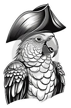 illustrated parrot in pirate hat, engraving black and white illustration on white background