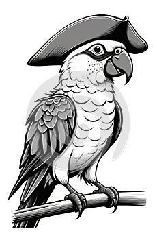 illustrated parrot in pirate hat, engraving black and white illustration on white background