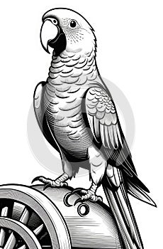 illustrated parrot on steering wheel, engraving black and white illustration on white background