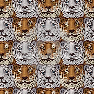 illustrated pattern with white and brown tiger heads