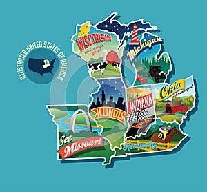 Illustrated pictorial map of Midwest United States.