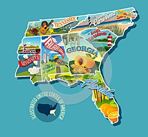 Illustrated pictorial map of Southern United States.